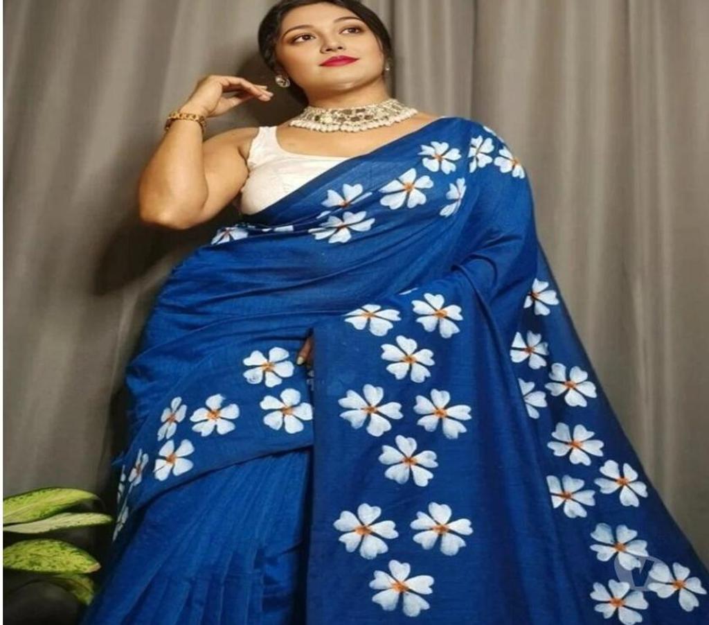 Buy & Sell Clothes Kolkata - Photos for Blue Handmade Cotton Saree with Shiuli Print