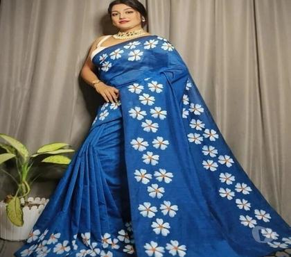 Clothes manufacturers - Photos for Blue Handmade Cotton Saree with Shiuli Print