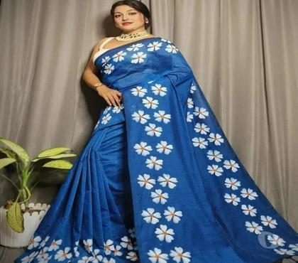 Clothes & Accessories - Photos for Blue Handmade Cotton Saree with Shiuli Print