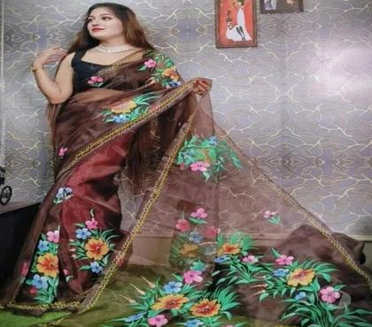 Clothes & Accessories - Photos for Elegant Brown Organza Handprinted Saree