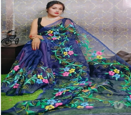 Clothes & Accessories - Photos for Handprinted Dark Blue Organza Saree