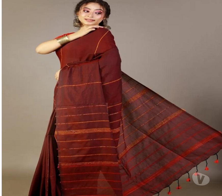 Buy & Sell Clothes Kolkata - Photos for Dark-Maroon Khesh Cotton Saree