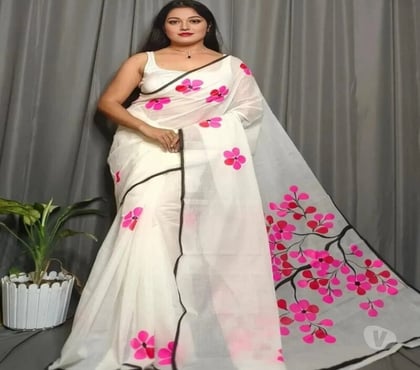 Clothes manufacturers - Photos for White Pure Mull Cotton Saree with Hand Printed Pink Jaba
