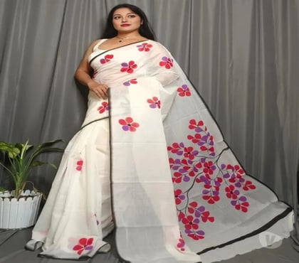 Clothes for sale - Photos for Elegant White Mull Cotton Saree with Red Jaba Prints
