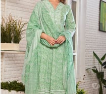 Mint Green Floral Block Print Anarkali Suit Set with Dupatta