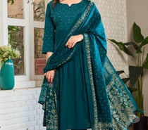 Ocean Teal with Ivory Hand Block Floral Print A-Line Kurta