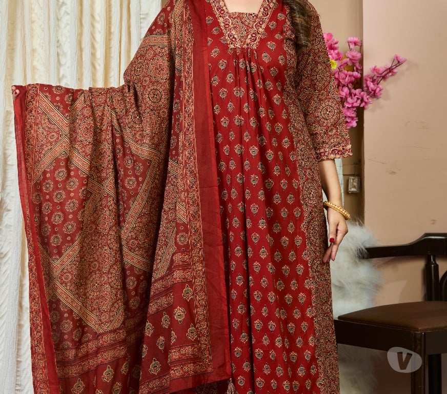 Buy & Sell Clothes Kannur - Photos for Rich Rust Red Hand Block Floral Print A-Line Kurta