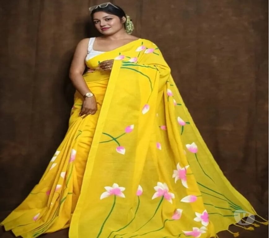 Buy & Sell Clothes Kolkata - Photos for Elegant Yellow Handloom Cotton Saree